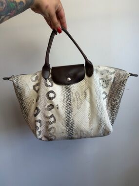 Longchamp Le Pliage Snake Print Medium Tote Bag Brown Leather Handle